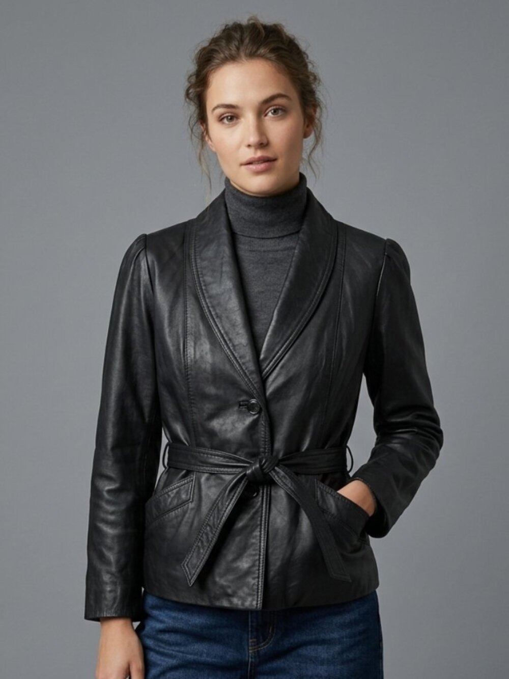S M Vintage 1970s Black Leather Jacket Belted Simple Minimal Mod Moto 80s 70s